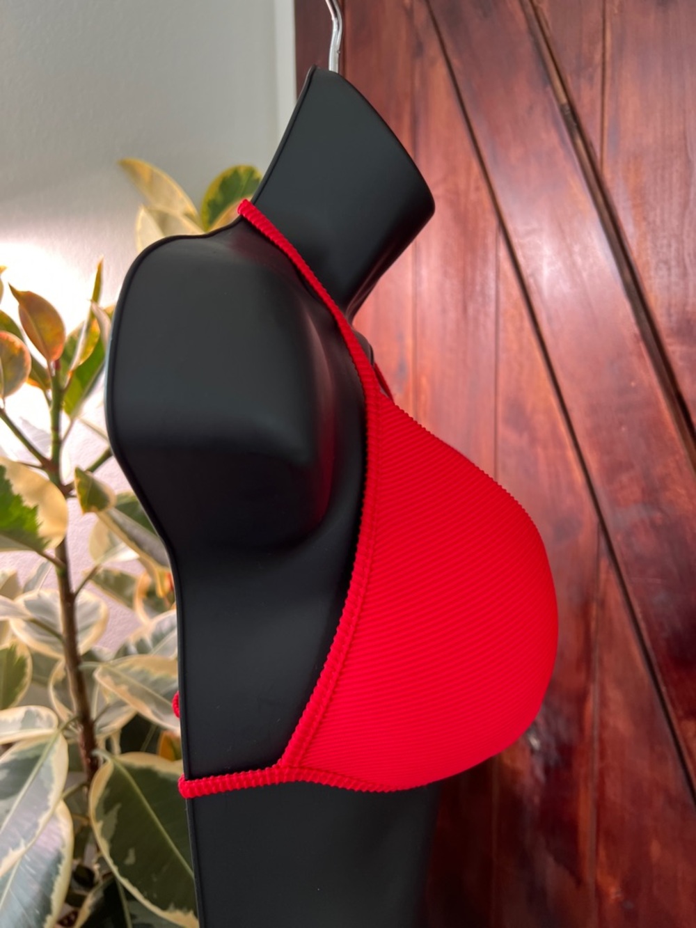 Red Ribbed Lace-Up Triangle Bikini Top - Picture 5 of 8